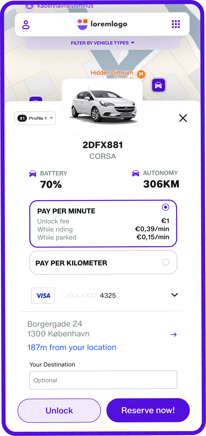 The FleetShare app showing a car ready to book, with battery level, range and per-minute pricing.