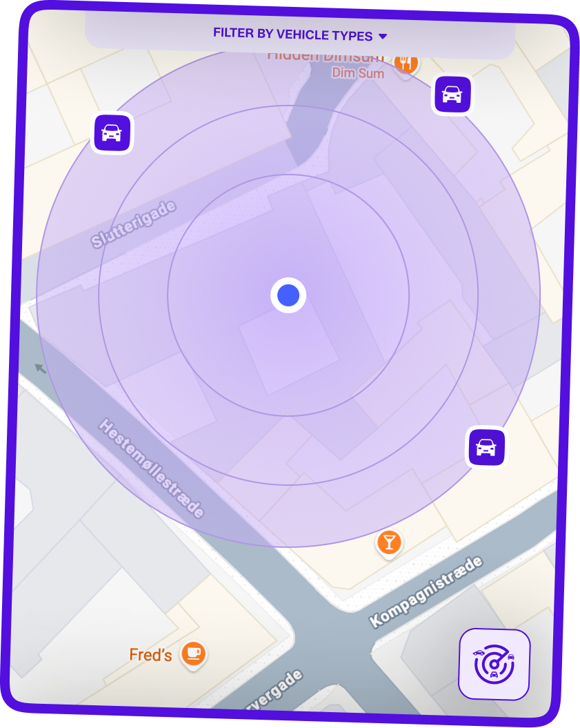 The FleetShare app map with nearby vehicles inside a search radius.