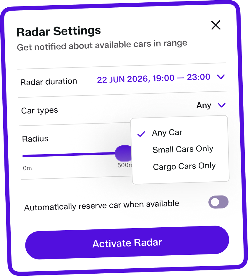 Radar settings in the FleetShare app: get notified when a car becomes available nearby.